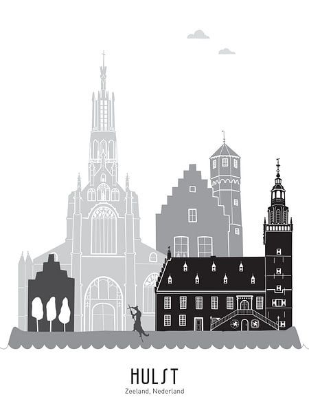 Illustration de la ligne d'horizon de la ville de Hulst noir-blanc-gris par Mevrouw Emmer