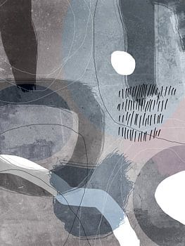 Abstrakte organische Formen in Grau, Rosa, Braun, Weiß und Schwarz.