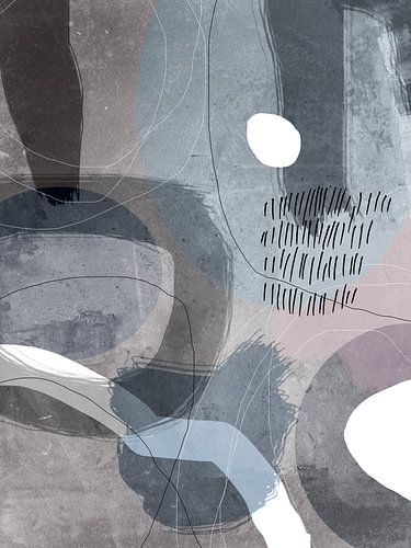 Abstracte organische vormen in grijs, roze, bruin, wit en zwart.