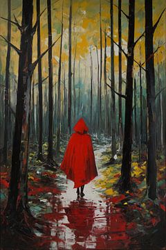 Einsame Figur im Herbstwald mit rotem Mantel von De Muurdecoratie