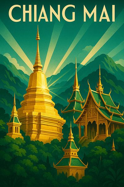 Chiang Mai Golden Serenity – Art Deco Temple Poster by Travel Shop