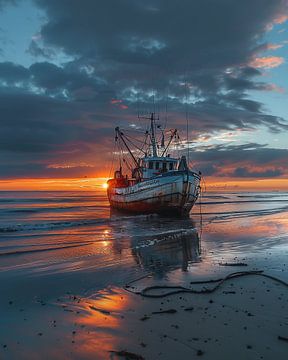 Magische zonsondergang, stille boot van fernlichtsicht