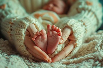 Mutter hält neugeborene Füße im Bett von Animaflora PicsStock