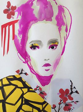 Geisha with Cherry Blossom van Helia Tayebi Art