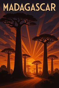 Madagaskar Art Deco Poster - Baobab Avenue bei Sonnenuntergang