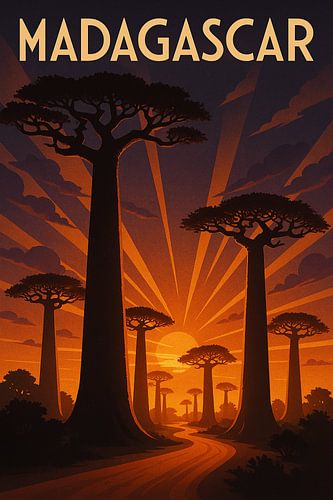 Madagaskar Art Deco Poster - Baobab Avenue bij zonsondergang