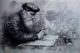 Tekening, gedetailleerd portret van Mercator,  monochroom, Grijstinten, Zwart van Peter Pen tekeningen en schilderijen