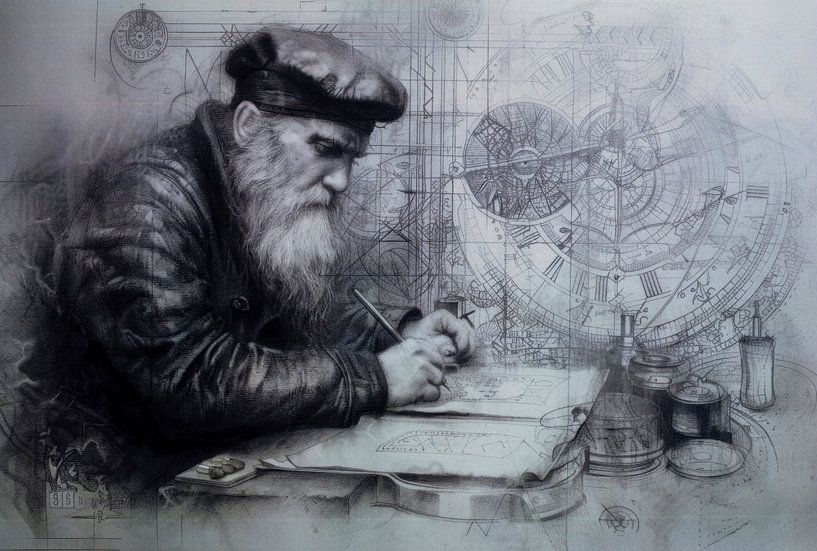 Zeichnung, detailliertes Porträt von Mercator, monochrom, Graustufen, Schwarz von Peter Pen Zeichnungen und Gemälde