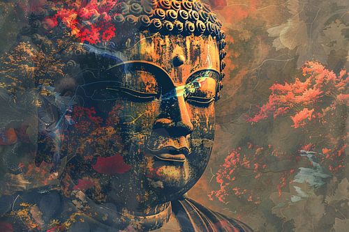 Boeddha in herfstpracht met kleurrijk bladerdek