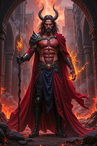 Dark Fantasy Wandbild: SARYKION - Der verführerische Dämon im brennenden Tempel