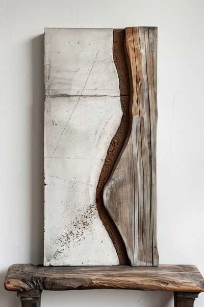 Beton en hout kunst op een houten kleine tafel van Digitale Schilderijen