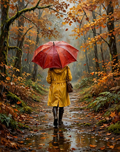 Frau, die mit einem roten Regenschirm durch einen herbstlichen Wald spaziert