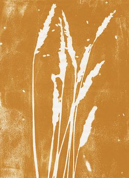 Gras in Retro-Ockergelb. Botanische Illustration. Moderne minimalistische Kunst. von Dina Dankers