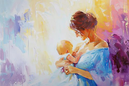 Digital abstract painterly portrait fictional woman and child