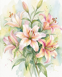 Pink and White Lilies Watercolor Painting – Elegant Botanical Floral Wall Art by Berrivelle
