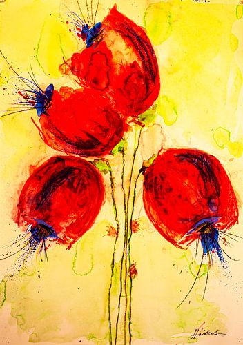 Four poppies against a yellow-green background