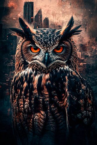 Surrealistische uil boven skyline