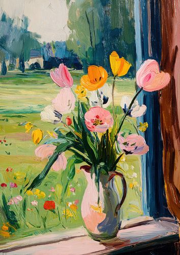 Tulpen in roze vaas bij het raam