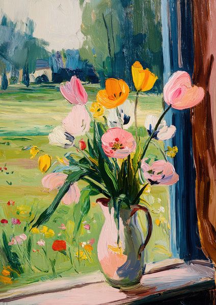 Tulips in pink vase by the window by Niklas Maximilian