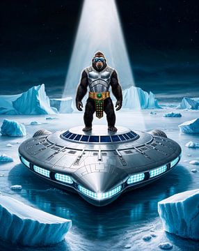 Gorilla in harnas staat op een UFO in Antarctica van Liona Toussaint