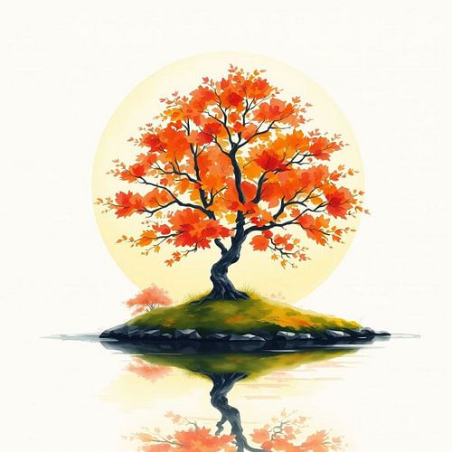 Eeuwige Herfst Zen: Levendige esdoorn op rustig eiland met gouden aura en perfecte reflectie