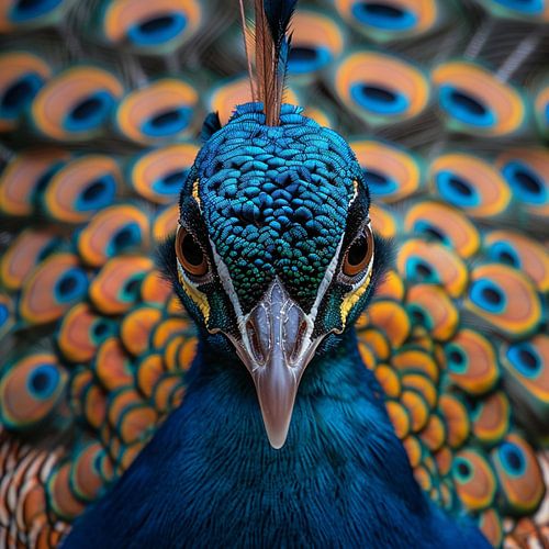 Gros plan sur la tête et l'œil d'un paon avec ses plumes