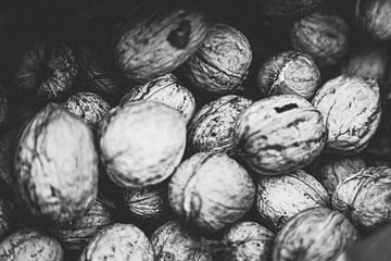 Oogst tijdens een herfstwandeling: zelfgeraapte walnoten (in zwart/wit) Kotterbos, Almere, Flevoland van Evelien Lodewijks