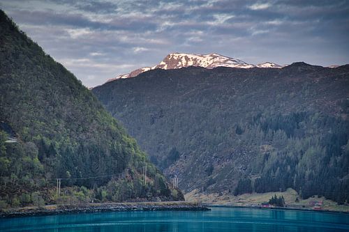 Fjord in Noorwegen, bewolkte lucht