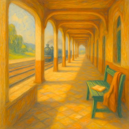 Het Perron. Leeg station met passerende trein. Een moment van wachten, stilte en niet instappen