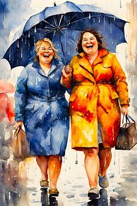 2 dames sociables marchant sous la pluie avec un parapluie sur De gezellige Dames