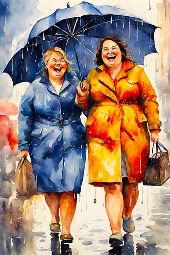 2 gezellige dames wandelen in de regen met een paraplu