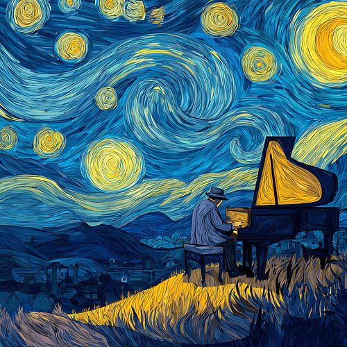 Man speelt piano onder een sterrenhemel