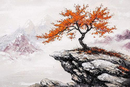 Boom op berg met oranje bladeren