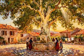 La fontaine du village à la tombée de la nuit