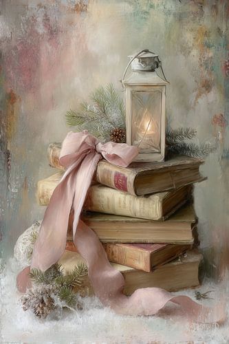 Winter Stilleven - Vintage Boeken en Lantaarn Decoratie van Joriali Fine Art