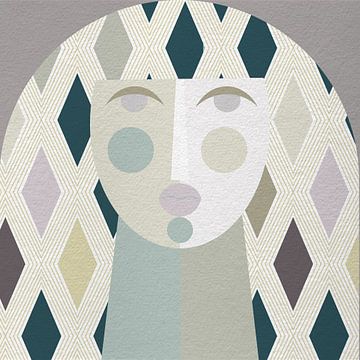 Abstraktes geometrisches Frauenporträt in Retro-Pastellrosa, Beige, Grün und Blau. von Dina Dankers