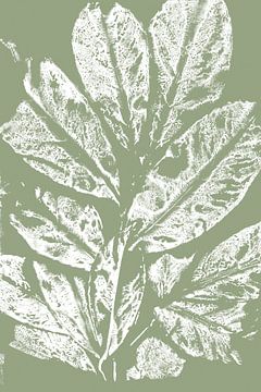 Witte tak met bladeren in retrostijl. Moderne botanische minimalistische kunst in pastel saliegroen van Dina Dankers