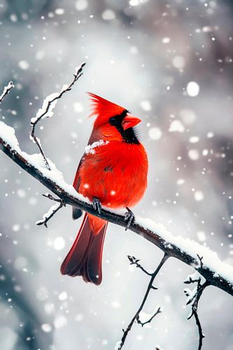 Rode vogel in het winterse bos
