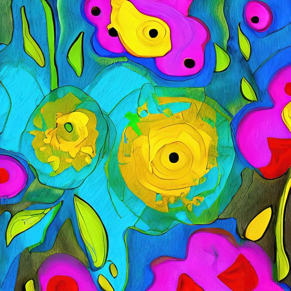 Peinture abstraite avec fantaisie florale par Johan de Jong