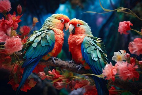 Papegaaien in Roze Bloemen -  Exotische Schilderkunst