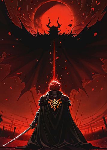 Lone Warrior Batte tegen Demon onder Rode Maan en Helse Plaats