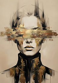 Abstract female portrait print, black and gold foil, impasto brushstrokes by Fgworks