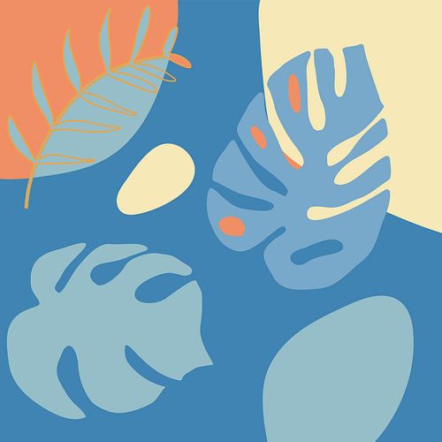 Sommerzeit. Tropische botanische abstrakte Blätter in Terrakotta, Blau und Gelb Nr. 3 von Dina Dankers