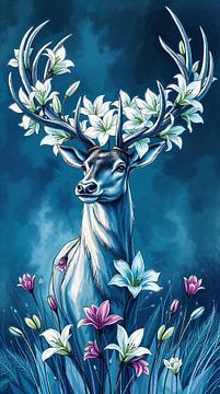 Proud stag with lilies - Tierwelt #12 by Liona Toussaint