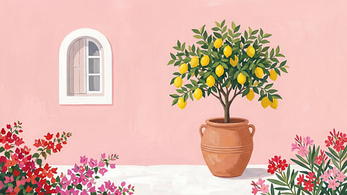 Sonnenbeschienener rosa Wand-Zitronenbaum im mediterranen Stil