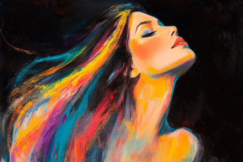 Bunte Haarpracht vor schwarzem Grund von Poster Art Shop