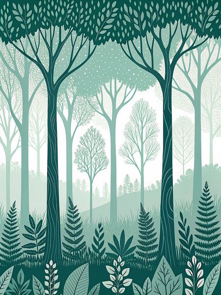 Chuchotements mystiques : Un rêve de forêt sarcelle et blanche par Artistic