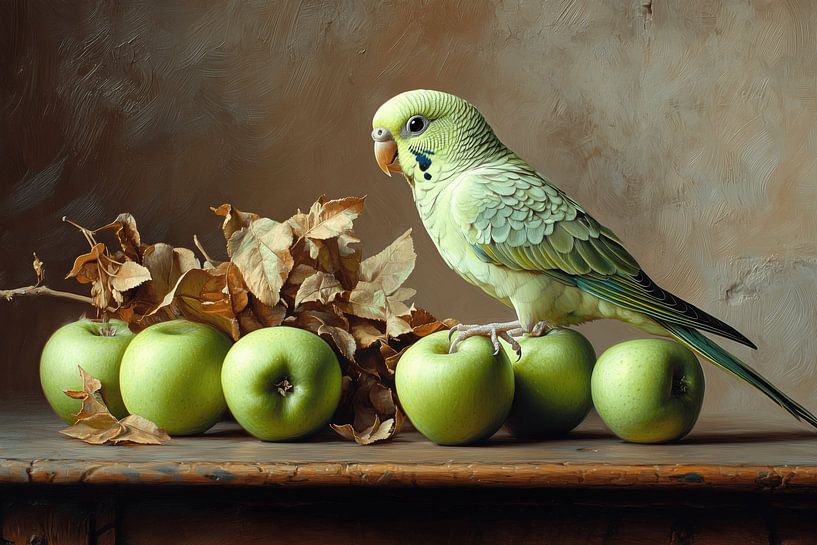 Parkiet met appels (in de stijl van Henk Helmantel) van Ton Kuijpers