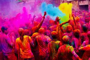bunter Holi Indisches Festival auf der Straße,  Art Illustration