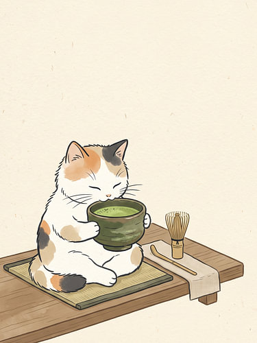 Peaceful Calico Cat Enjoying Traditional Matcha Tea in Japan